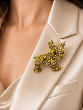 French Bulldog Amber Crystal Brooch